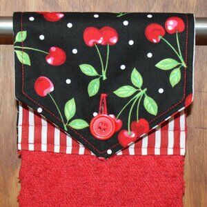 CHERRY PRINT RED & BLACK HANDMADE HANGING KITCHEN TOWEL RED COTTON TOWEL